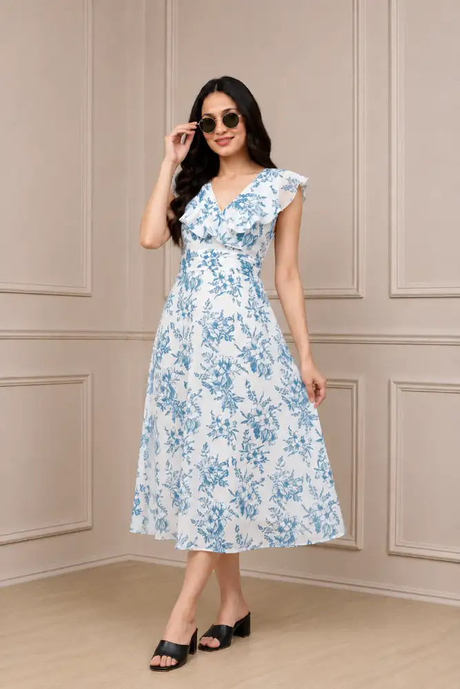 Western Floral Printed One Piece Dress for Women midi